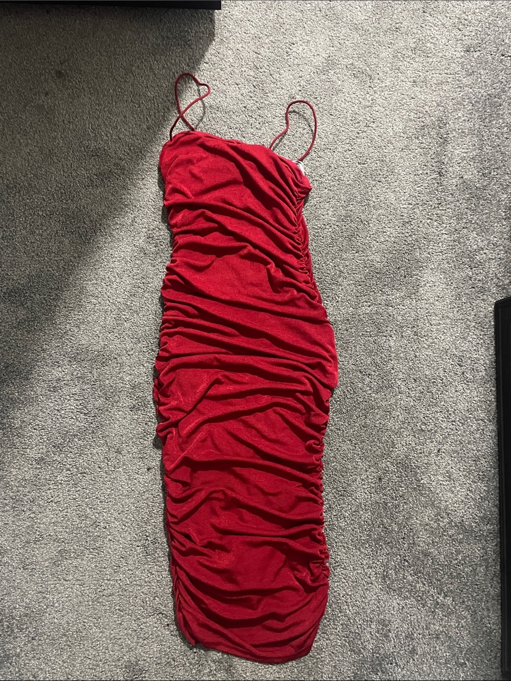 Red Ruched Midi Slip Dress with Spaghetti Straps